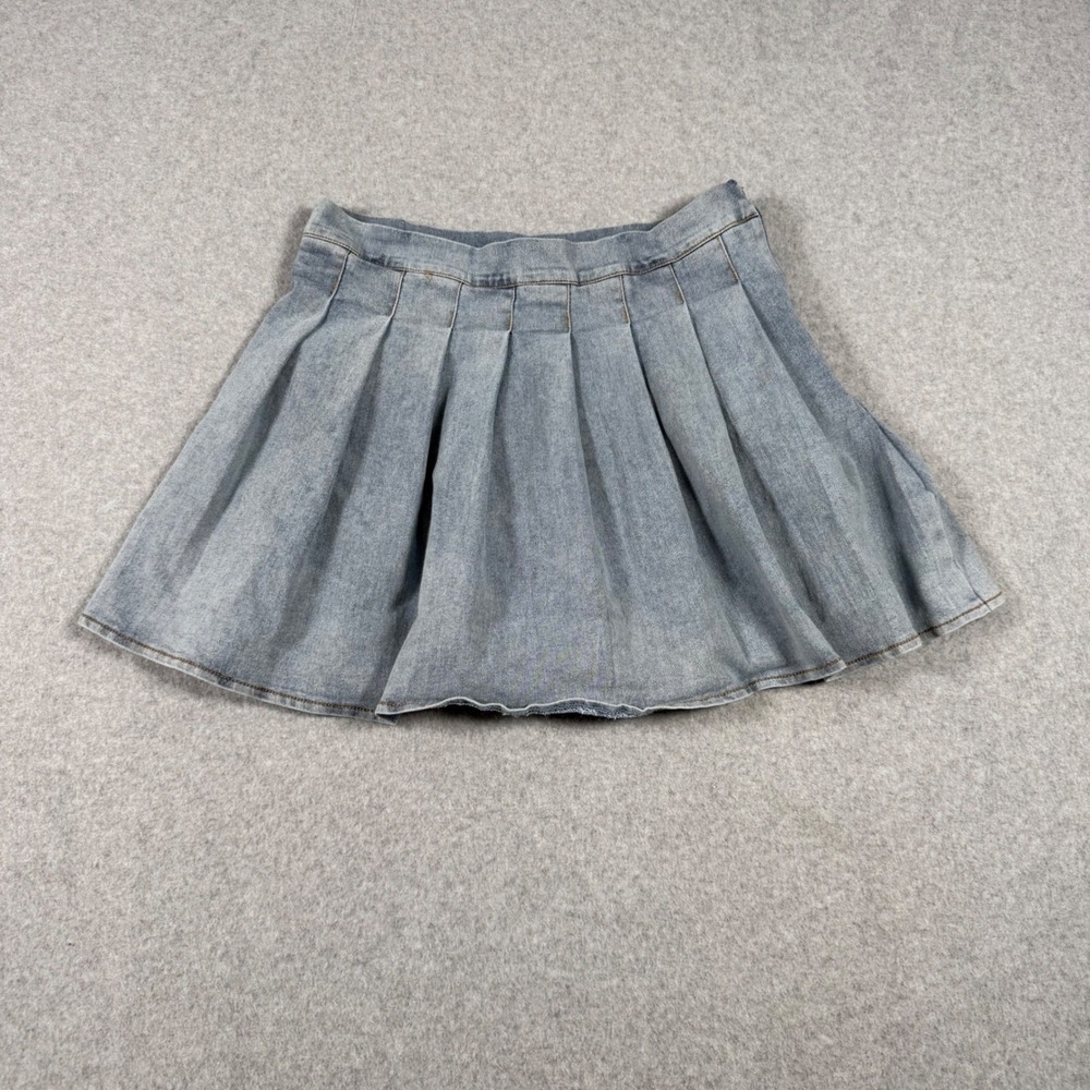 Fashion Wildcat Blue Pleated Denim Skort Preppy Mini Skirt Light Wash Large